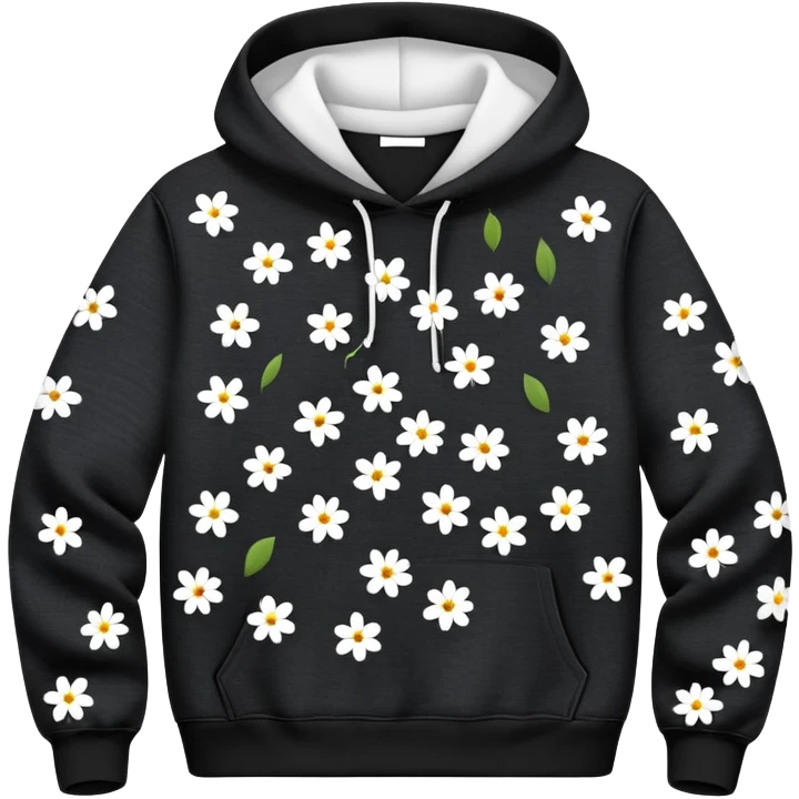 The BLACK Denim Tears Hoodie features a black base with medium-sized black and white flowers. Each flower has a white outer ring with an open, hollow center, giving it a bold and distinctive look. These ring-like floral patterns are scattered across the hoodie, covering the front, sleeves, and hood for a balanced yet eye-catching design. emoji