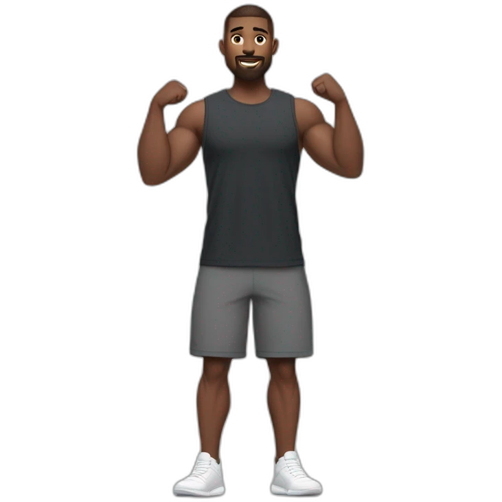 Full height Actively gesturing with hands Pale skinned Fit Man With the biceps and brown hair in dark gray Sleeveless Mike, black oversize sports shorts, watch and white Sneakers emoji
