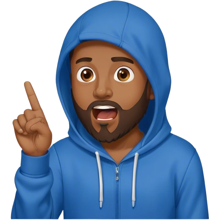 Amad Sandler with a beard in a blue hoodie, the hood on, screaming with the right arm up index finger pointing up emoji