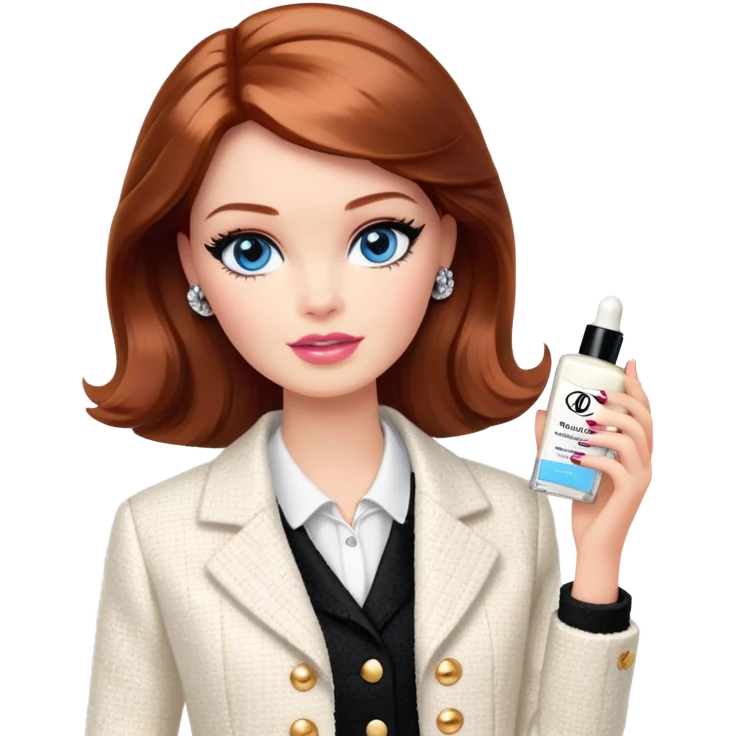 A Barbie girl with blue eyes, shoulder-length reddish-brown hair with makeup, wearing a white tweed jacket and a black skirt, holds chanel cream in her hand emoji