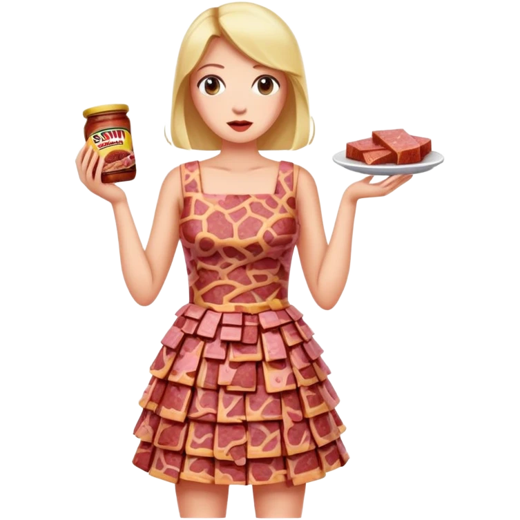 pop art woman in SPAM MEAT dress eating spam emoji