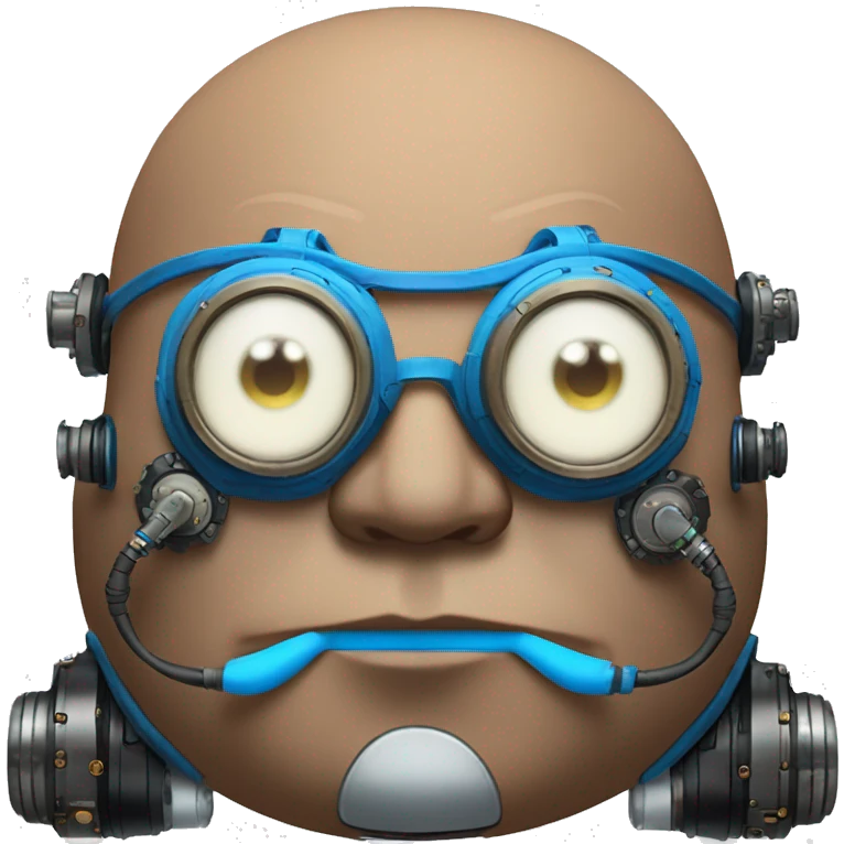 Fat bald cyborg head with blue steampunk goggles, brown beard and circuits emoji