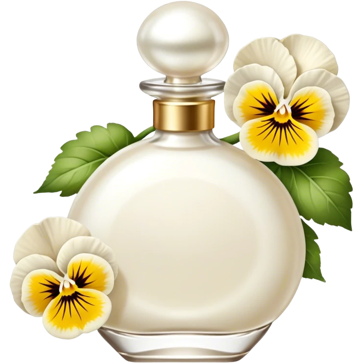 pearl white vintage-style perfume bottle and ivory-colored pansies  emoji