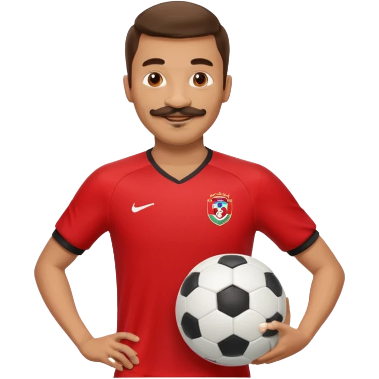 man soccer player red jersey with mustache holding soccer ball emoji