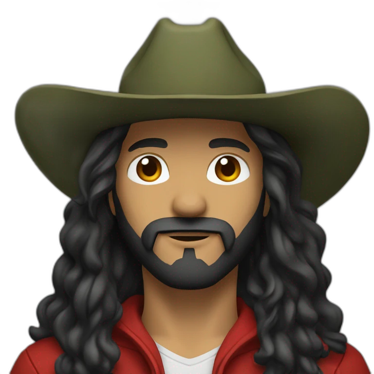 White cowboy with black  long  hair and beard wearing a black cowboy hat and a red and olive green hoodie  emoji