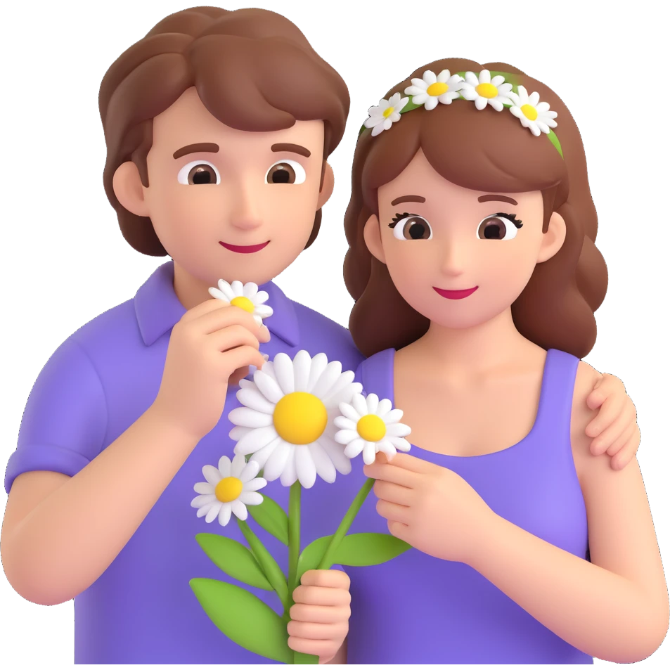 romantic emoji of a couple, one person placing a daisy in the other's hair, capturing a sweet and loving moment emoji