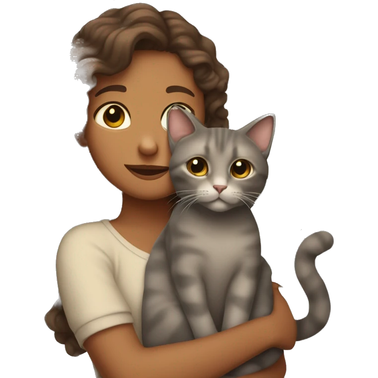 A beige-gray cat in the arms of a curly brown girl emoji