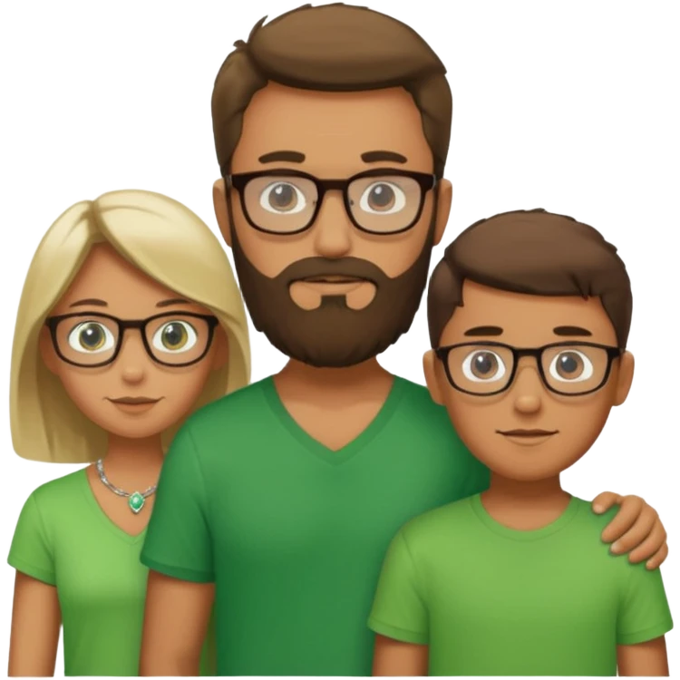 A family consisting of a man who's bearded, tanned, wearing glasses, a woman, slightly tanned, and a 14 year old teenage boy, slightly tanned, wearing a green t-shirt emoji