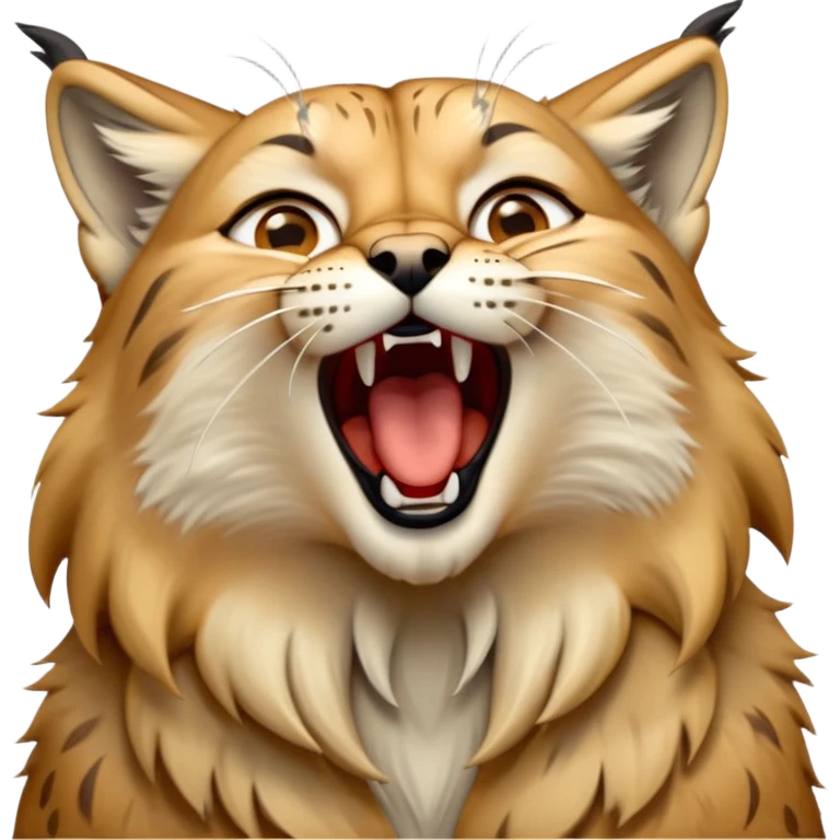Cinematic-detailed-Yawning-Lynx-Portrait-Emoji – Head tilted slightly with a dramatic, wide-open yawn, revealing a sleek golden-brown fur coat with subtle spots, signature black ear tufts standing tall, round amber eyes barely open in drowsy contentment zoomed out to show the shoulders emoji