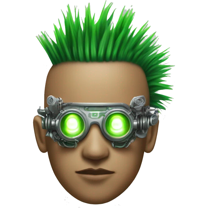 Green Mohawk hair male cyborg head with white steampunk goggles and circuits emoji