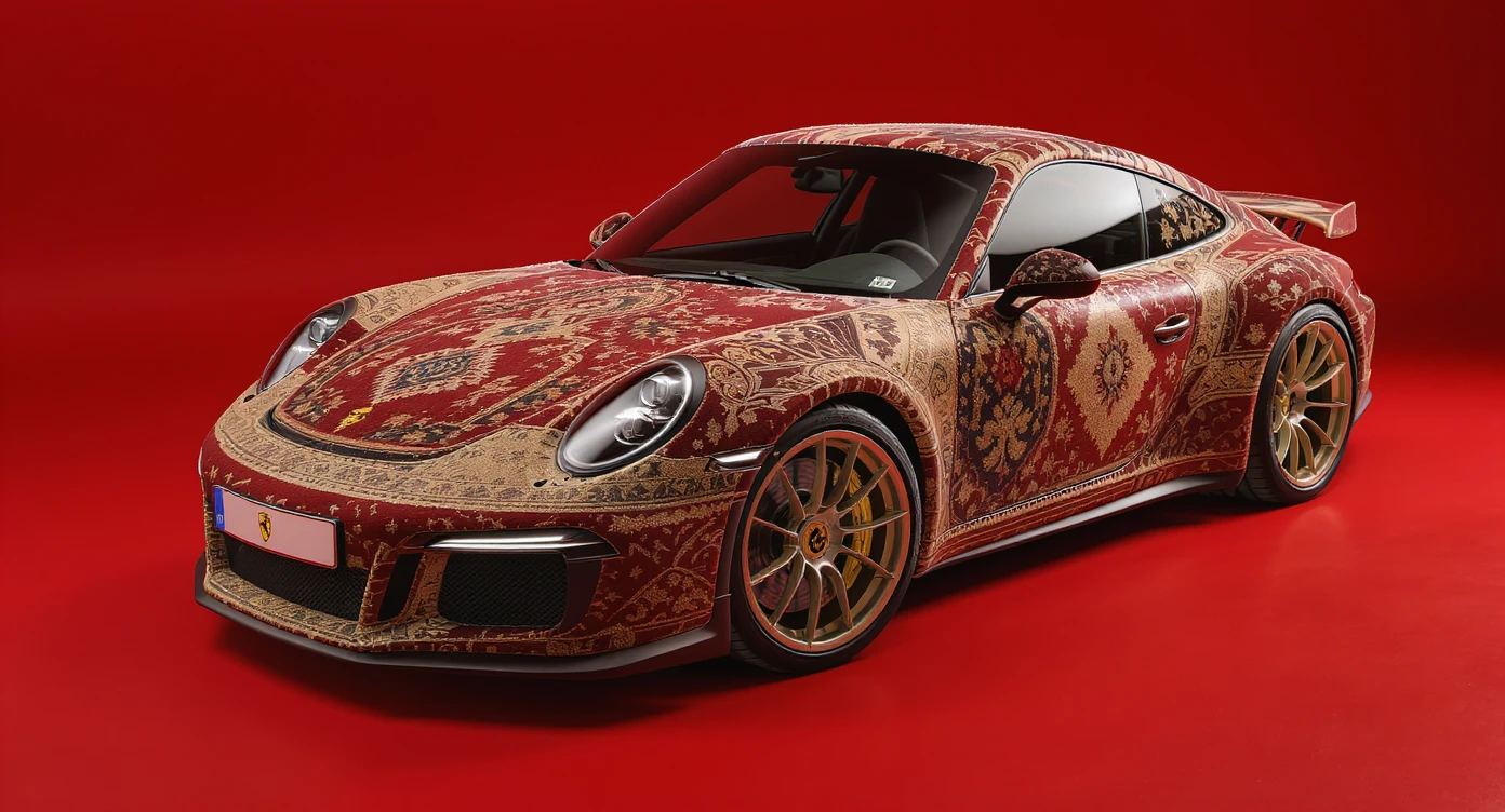 Closeup shot of a porsche 911, body of car made of russian carpet with patterns, red solid studio background,top low key light, dutch angle,  captured by ARRI 65 emoji