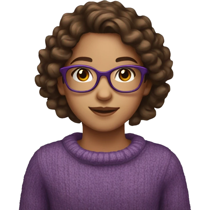 young girl, young hispanic, brown hair, long curly brown hair, brown eyes, purple winter sweater, glasses emoji