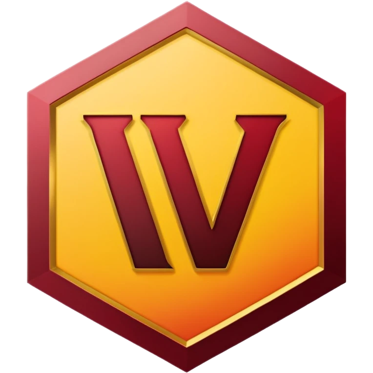 hexagon emblem with a thick yellow-to-gold outline and a dark red gradient inside. In the center, place a bold capital letter V in the same yellow-to-gold gradient as the outline. Keep the shapes clean and geometric, with smooth color transitions and no background color. emoji