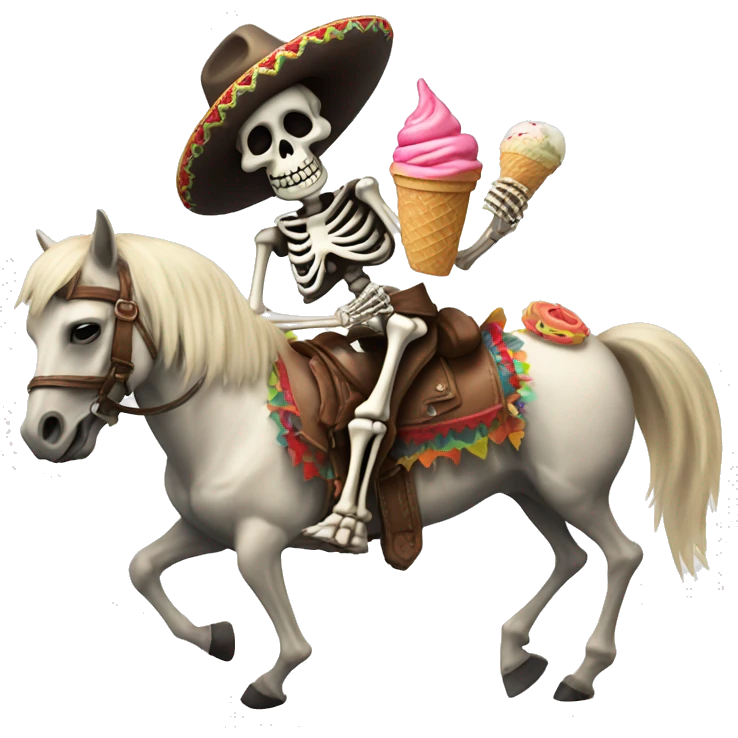 Skeleton wearing a sombrero while eating an ice cream cone and riding a horse emoji