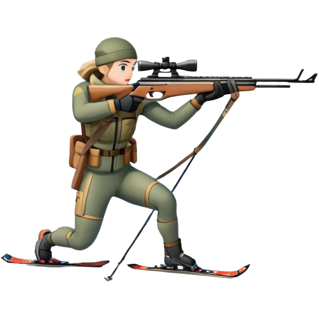 An icon showing a snowy landscape with pine trees, mountains, and a clear sky with a biathlete aiming a rifle in the foreground, wearing winter gear and skis. Transparent background emphasizes the precision, endurance, and beauty of this winter sport. emoji