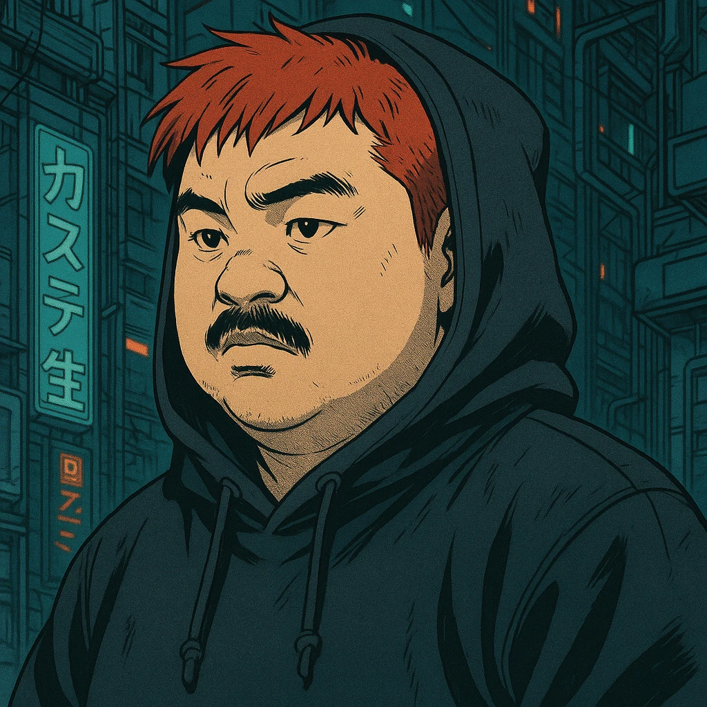 Asian man with a round face, black mustache, red hair, black hoodie, Japanese manga style inspired by Ghost in the Shell, more anime-like features, cyberpunk atmosphere, detailed linework, subtle color accents emoji