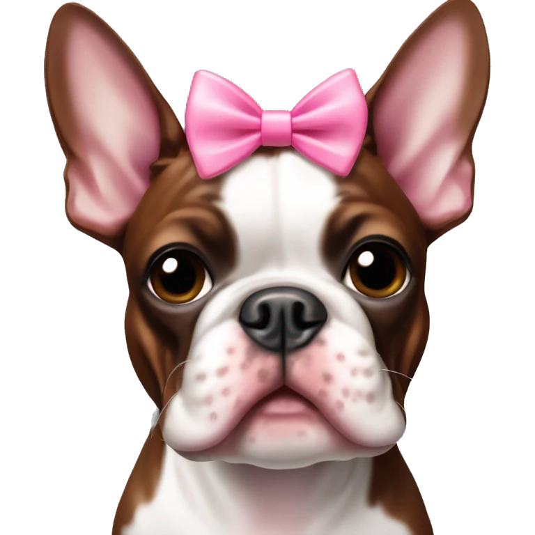 Red brindle Boston terrier with a pink bow on right ear emoji