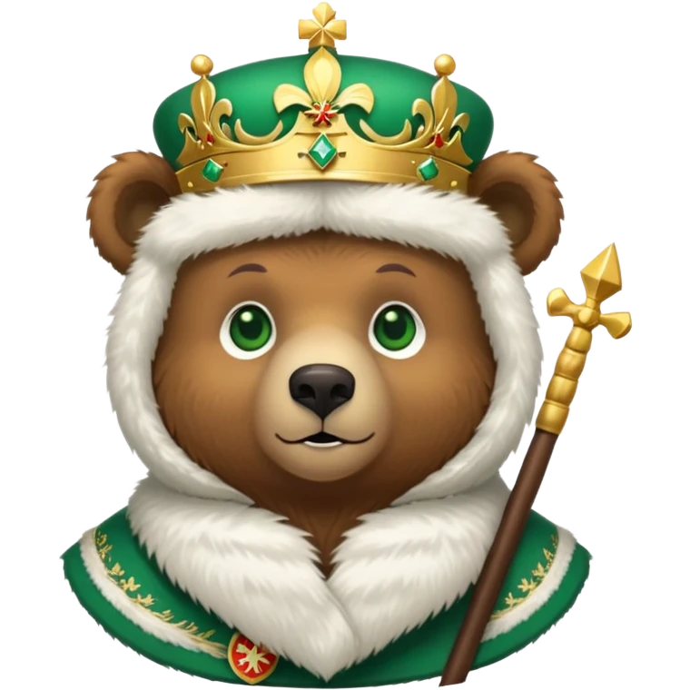 Adorable brown bear with green eyes, white furry ushanka, detailed Russian Federation emblem with golden double-headed eagle, three crowns, scepter and orb, St. George on chest shield, minimalist iOS emoji style emoji