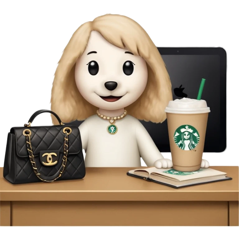 snoopy in a desk with starbucks and his chanel purse emoji