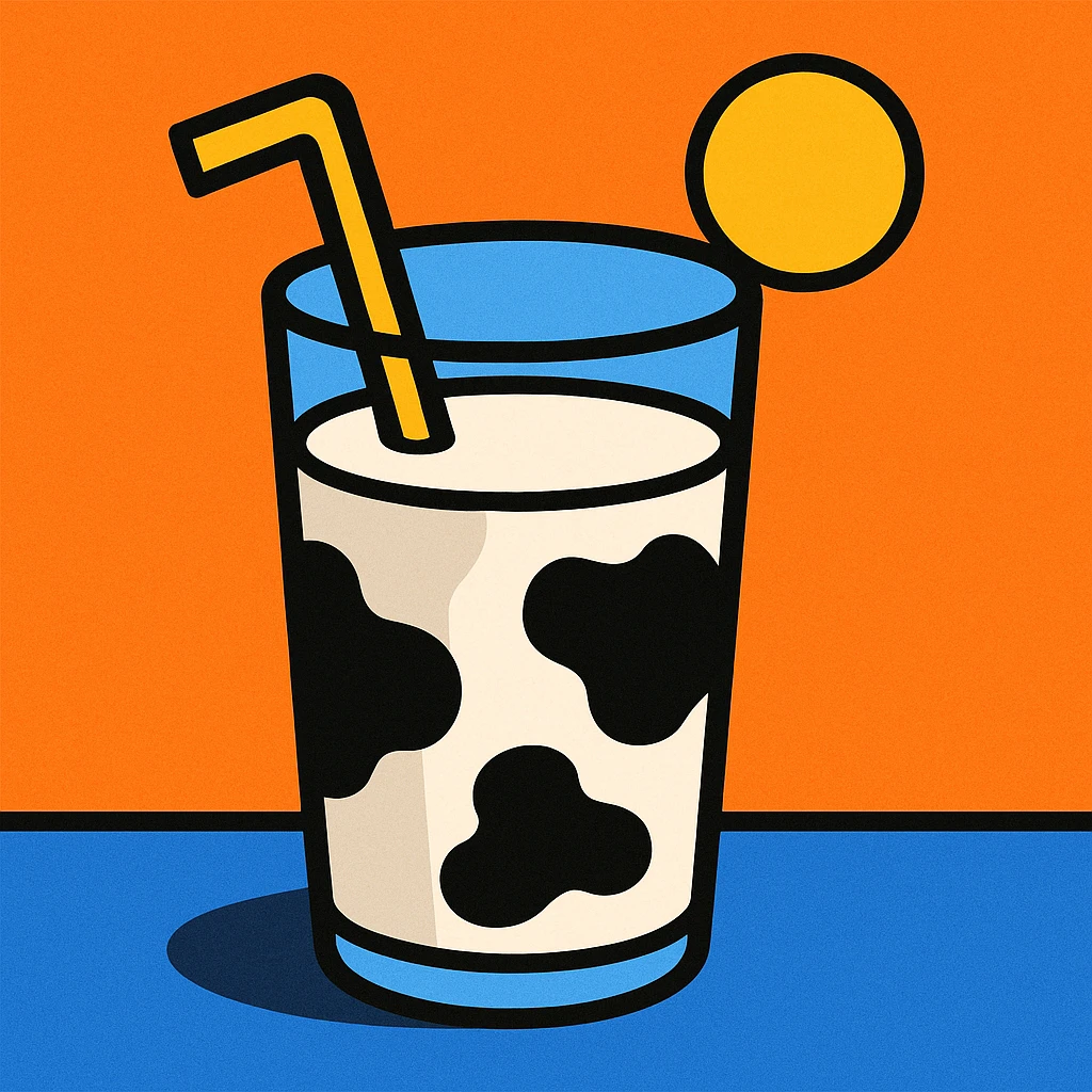 a glass of milk with a cow pattern, playful style emoji