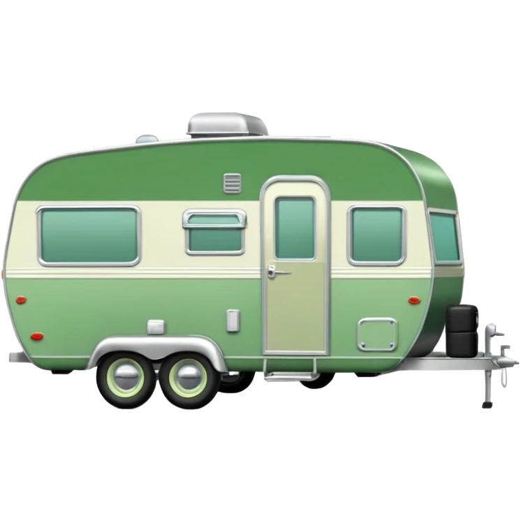 1960s Shasta trailer, single axle wheels, colored all green, the same green shade as movie trailer green preview card, light grey tires and grey hitch emoji
