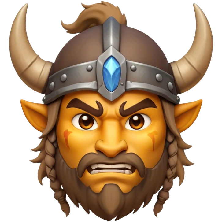 Clash of Clans aesthetic: Cinematic Fierce Barbarian Portrait Emoji, Poised and bold with a rugged yet cartoonish build in tattered furs and a horned helmet, his exposed skin a rich tan, expressive bright eyes and a confident smirk, Simplified yet dynamic features, highly detailed, glowing with a vivid, adventurous aura, high shine, heroic and spirited, stylized with an air of medieval warrior charm, focused and energetic, soft glowing outline, capturing the essence of a fearless barbarian adventurer ready to lead his clan with spirited valor! emoji
