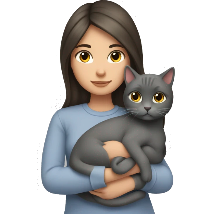 Brunette girl cuddling an all grey cat emoji