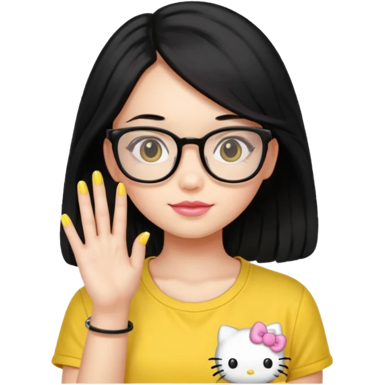 Nails cute with hello kitty wear glasses black long  hair wear, yellow shirt emoji