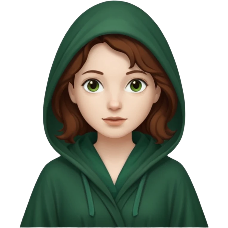 A white woman with dark auburn hair robed and hooded like she's a Traitor in the tv show The Traitors. her hair is slightly curly and the robe is a dark green emoji