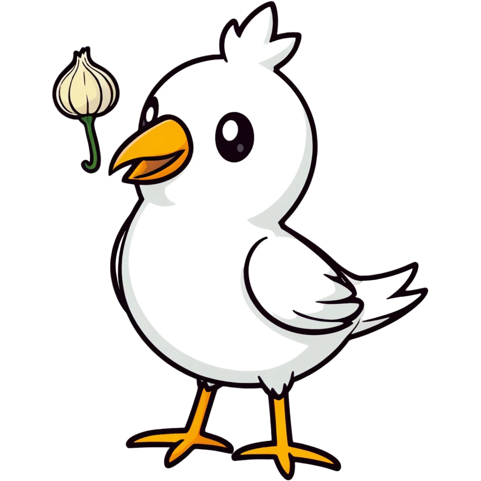bird with the body of a garlic clove, cartoonish sticker style emoji