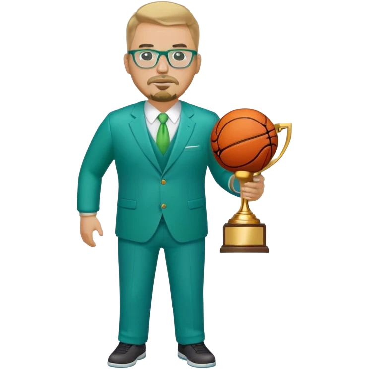 Full Body white plus size man  wearing glasses with a goatee with dirty blond short hair basketball head Coach in blue and green suit holding trophy emoji
