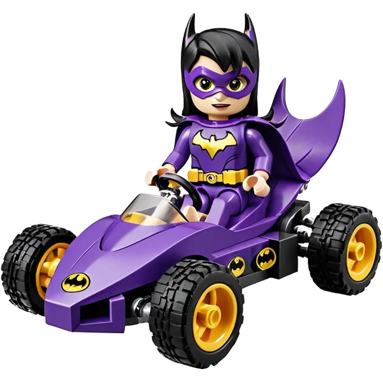 full size real size-appearance electric road racing sexy BatGirl’s feminine midnight-colored tight outfit sixty’s tv show Lego dark stealthy sporty safe plush deluxe off-road pursuit cruiser car rose gold accents (black hair,reclined and relaxed torso and shoulders seating position) go kart  emoji