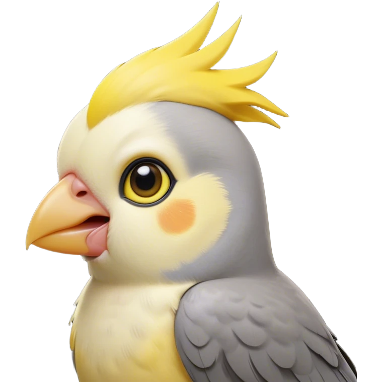 Cinematic Cute Cockatiel Portrait Emoji, Head tilted playfully and inquisitively, featuring a smooth grey fur with bright yellow accents and a perky crest, round, sparkling dark eyes filled with curiosity, Simplified yet irresistibly adorable features, highly detailed, glowing with a warm, friendly glow, high shine, affectionate and lively, stylized with a touch of whimsy, bright and endearing, soft glowing outline, capturing the essence of a mischievous yet loving cockatiel, so playful it feels like it could chirp out of the screen and into your arms! emoji