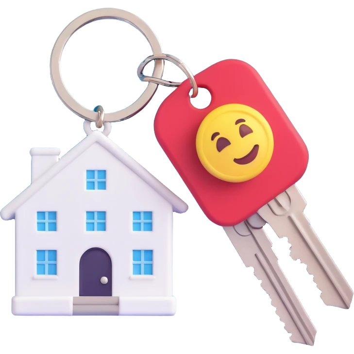 white keychain with a house-shaped key fob, 3D Emoji style, pure white color, soft shadows and highlights, transparent background, no decoration, with two keys emoji