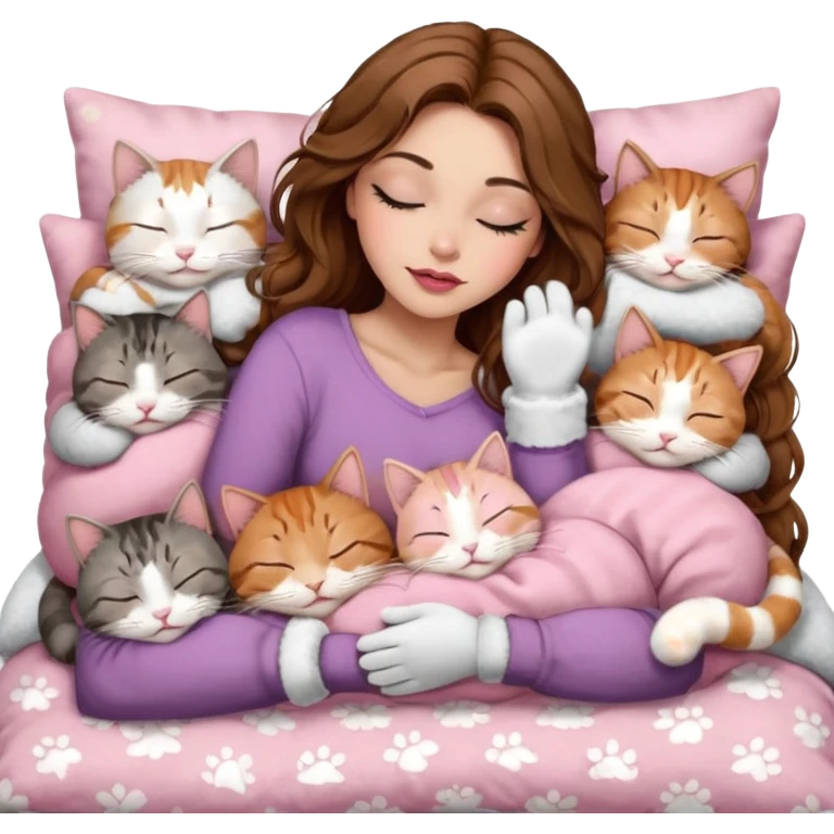 girl with long wavy brown hair, brown eyes, long lashes makeup, sexy pink lips, light to medium complexion,  sleeping on a cozy pillow, with 6 cats: 1 brown and white tabby cat, 1 ginger and white, 2 grey and white, 1 grey with white mittens and small white patch on chest and 1 calico, sleeping emoji