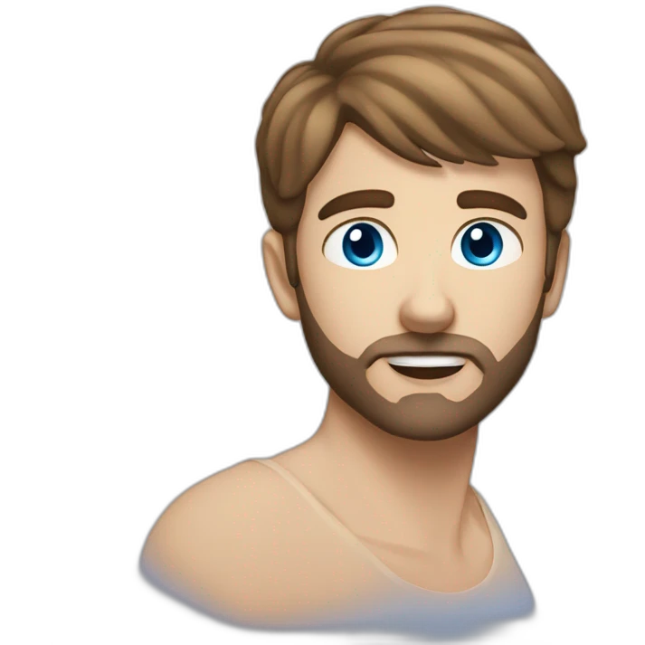 Guy with short brown straight hair and very short beard and blue eyes emoji