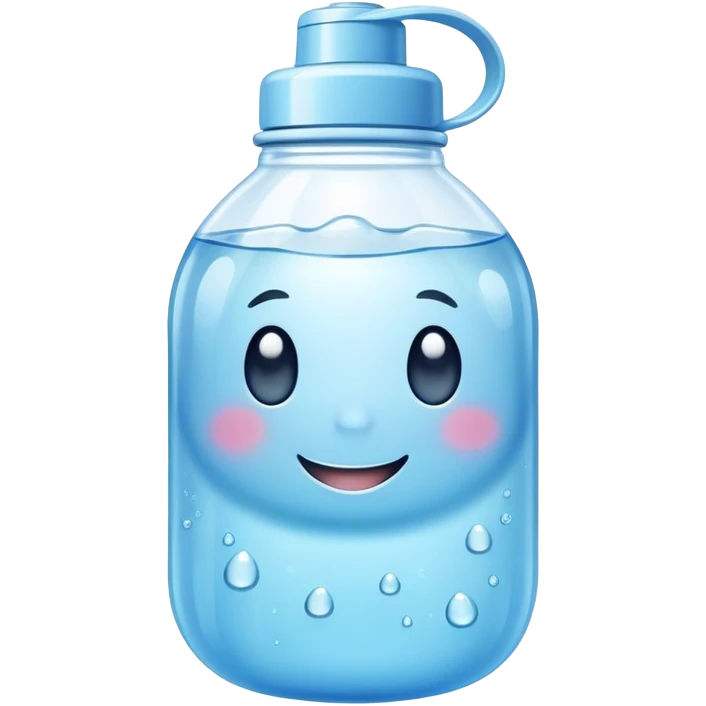 Cute Kawaii Water Bottle, round and bubbly, soft blue with tiny water droplets around, a happy smiling face, gentle glowing highlights, fresh and refreshing vibes! emoji