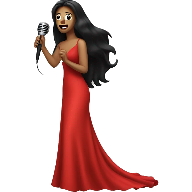 Singer, with long black hair, wearing a long red dress, singing with microphone in her hand emoji