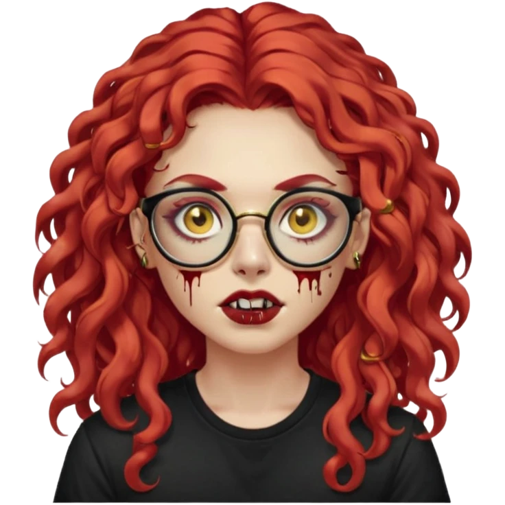 nonchalant zombie with long red curly hair, thick lashes, black square glasses, gold nose piercings on each side of her nose, and a gold eyebrow piercing. emoji