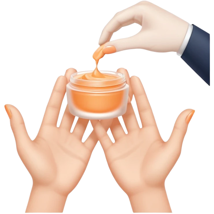 Minimal emoji of 2 hands gently applying skincare cream, soft nude and peach tones, clean beauty aesthetic, calm and elegant, subtle glow emoji