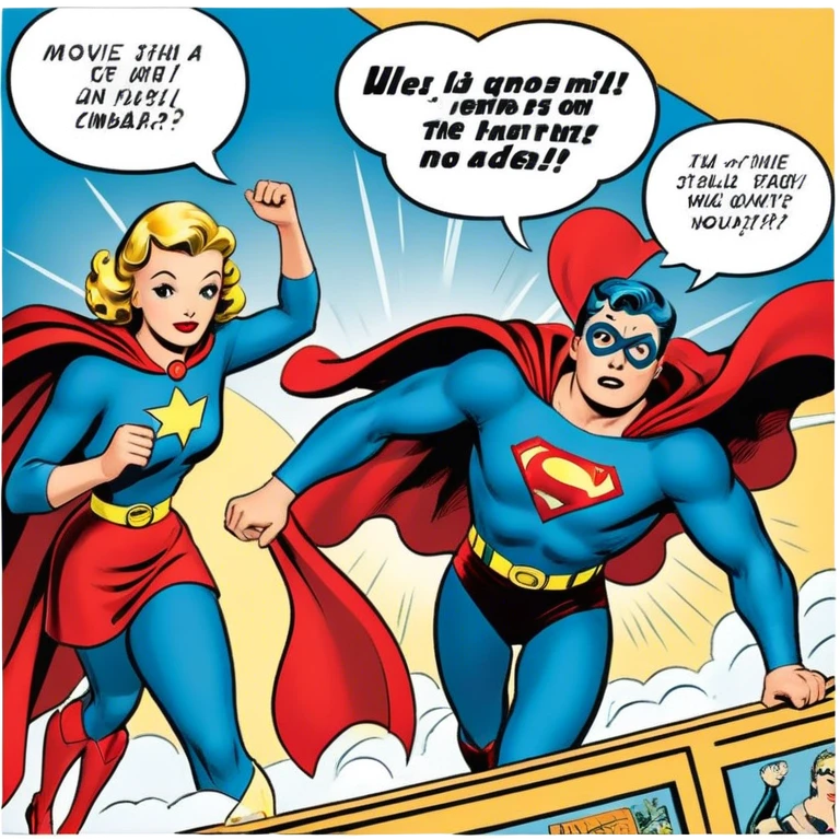 Icon for Vintage American Comics: an open comic magazine with classic 1940s-1950s American comic art, featuring superheroes in bold, bright colors, with action panels and exaggerated speech bubbles. The icon should represent the nostalgic style of vintage comics. Transparent background. emoji