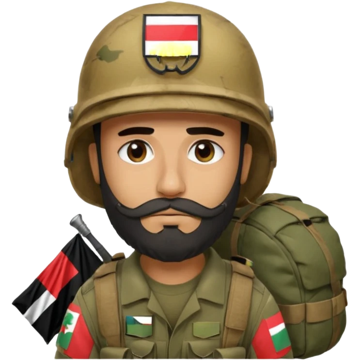 A very tired and sad, swarthy Iraqi soldier with a beard, an Iraqi flag on his helmet, a sad expression and bags under his eyes emoji
