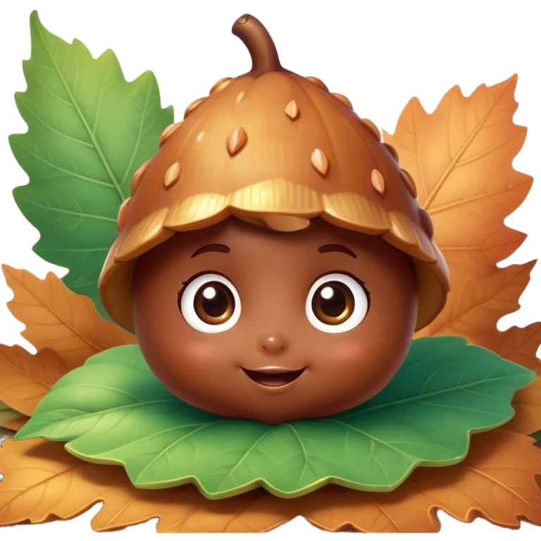 Cinematic tiny happy acorn, glossy brown, soft glowing highlights, tiny adorable face with big sparkly eyes, sitting on a pastel leaf, warm and cheerful. emoji