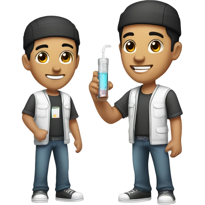 "Light-skinned Latino male with short black hair, wearing a backward cap front to back. Brown eyes, slightly thick lower lip, smiling. Holding a test tube in one hand and a video game controller in the other. Cartoon style emoji