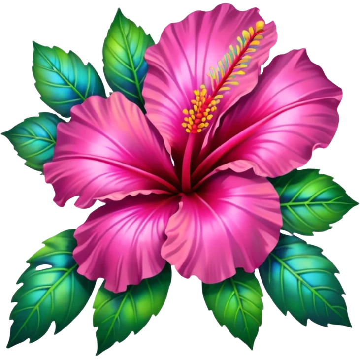 Lush Hibiscus flowers. resolution of 5000x5800 pixels. transparent background. The design should emphasize clean, thin, and smooth lines to enhance the visual appeal. Hibiscus flowers should be depicted in iridescent, holographic, and vivid colors. Surround the flowers with realistic leaves, 8k emoji