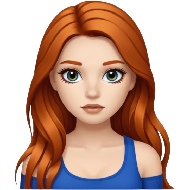 Pale girl with long black/brown hair with ginger streaks,wearing fake lashes,latina baddie makeup and a blue crop top emoji