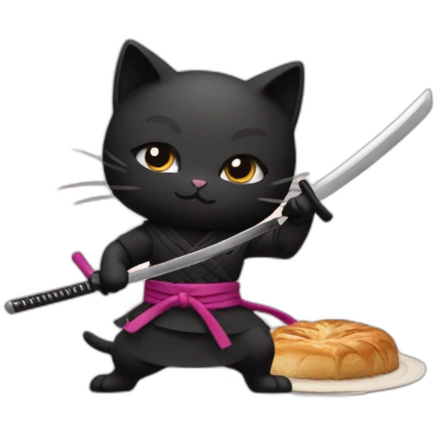 Ninja cat cuts pastry with  katana emoji