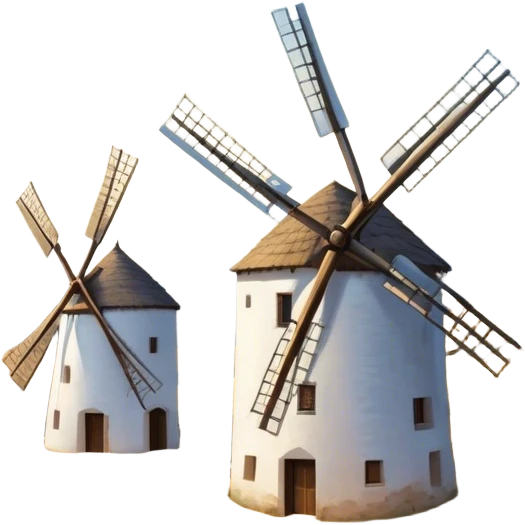 ​Cinematic Realistic Spanish Windmills (Mota del Cuervo), depicted as a cluster of gracefully aged windmills with weathered whitewashed facades and rustic wooden sails, standing proudly on a sunlit, rolling hillside of golden fields and olive groves, rendered with intricate textures and soft natural lighting that captures the timeless rural charm and historical significance of the Spanish landscape, emoji