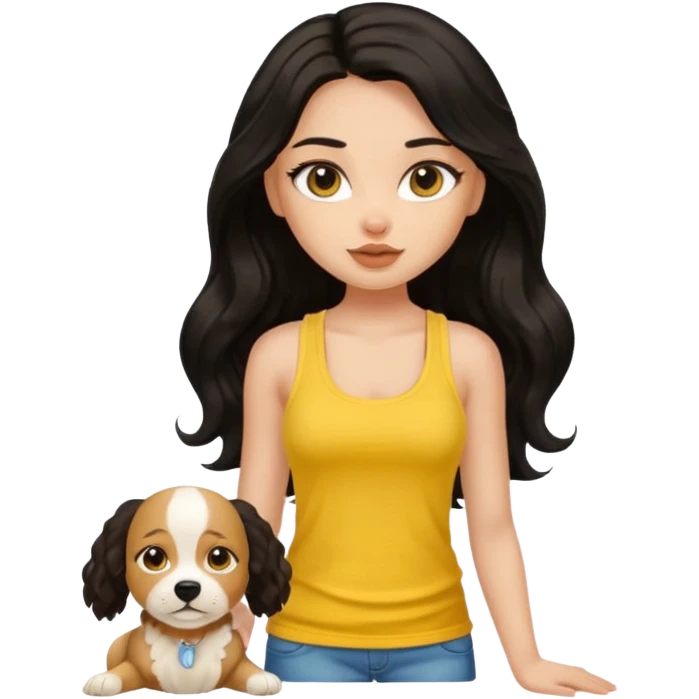 brown pretty bratz girl with long wavy black hair, wearing a yellow tank top with a dog emoji
