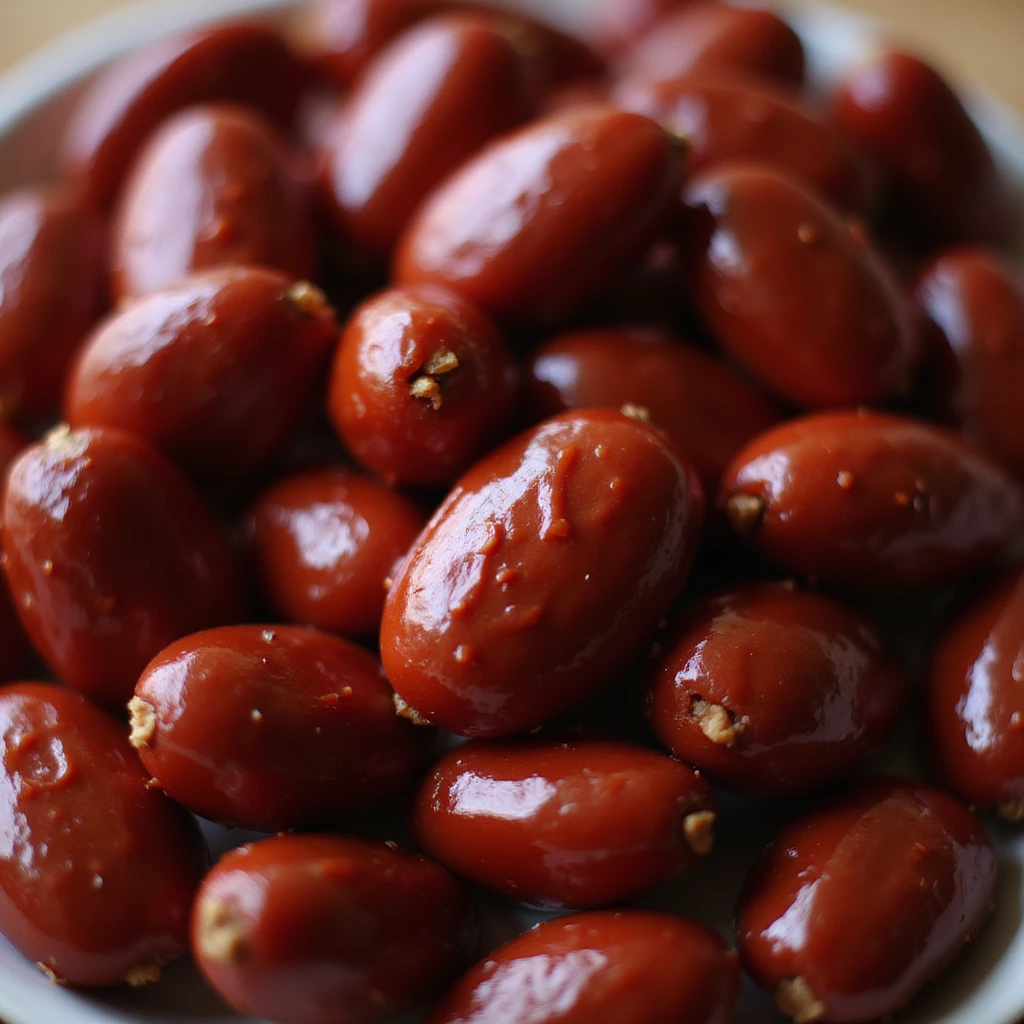 realistic candied almonds with a glossy dark red candy coating, close-up, appetizing, no background emoji
